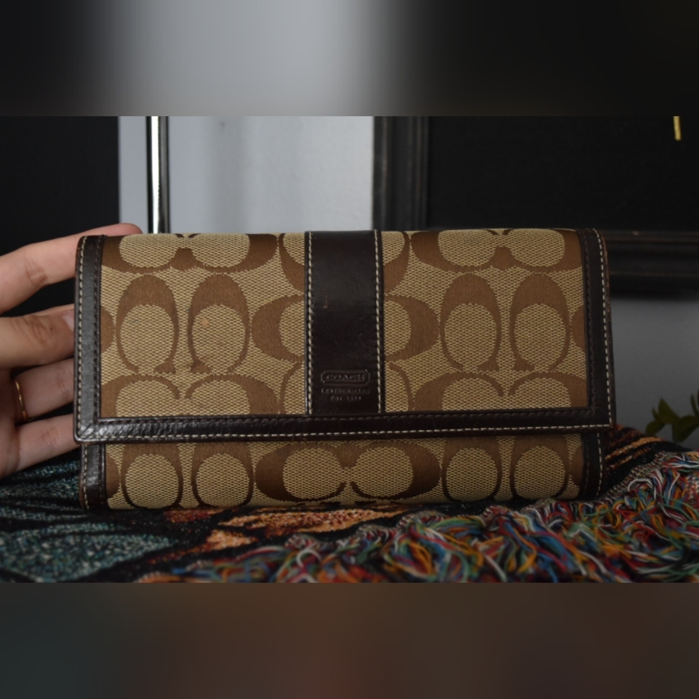 COACH Monogram & Brown Leather vintage trifold Full Sized Wallet